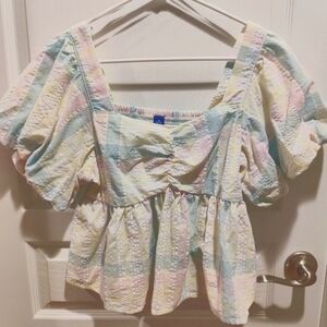 Old Navy Puff Sleeve Pastel Pattern Cropped Blouse Peplum Babydoll Shirt